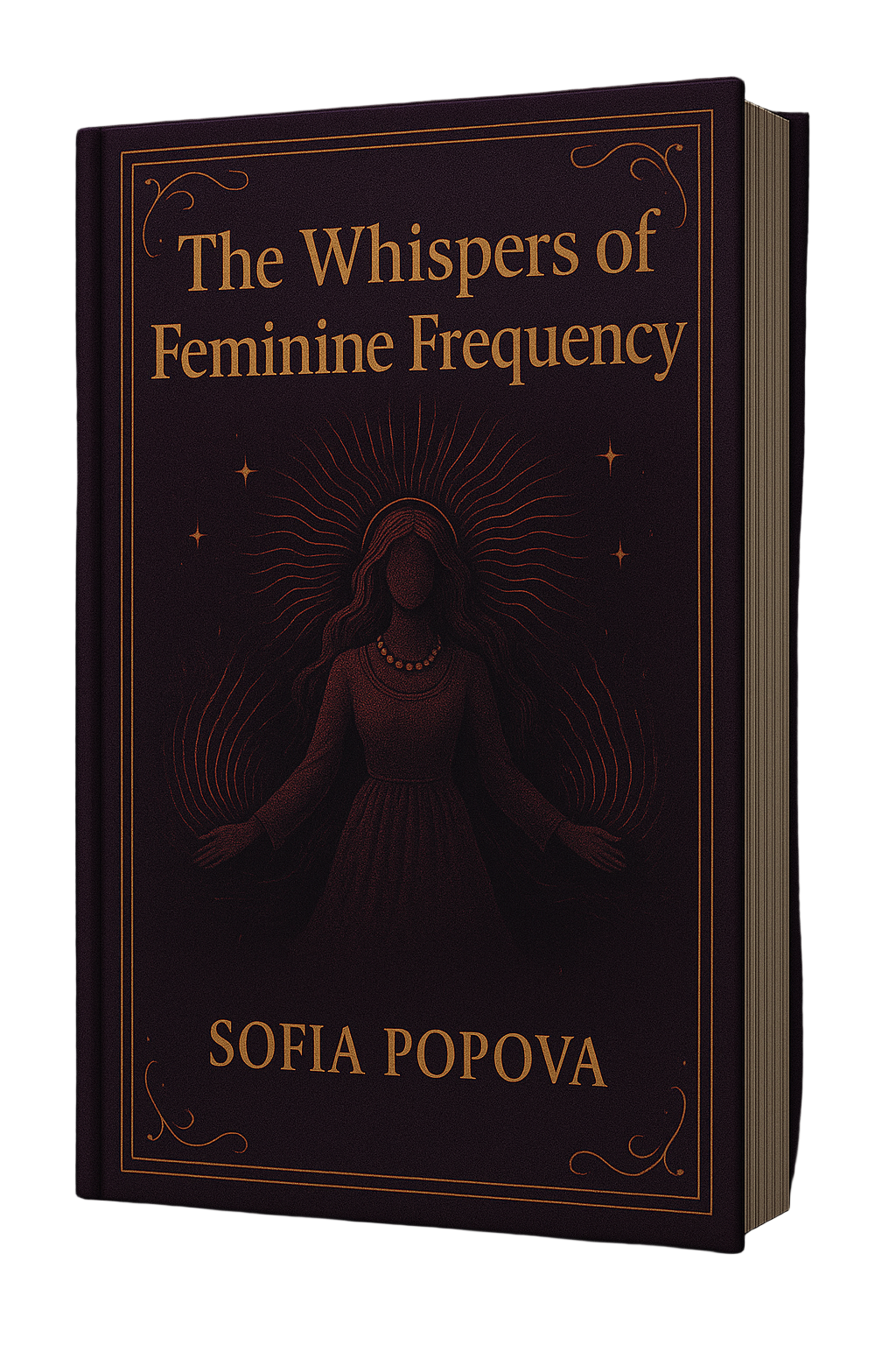 Book titled 'The Whispers of Feminine Frequency' by Sofia Popova with a dark cover and gold text.